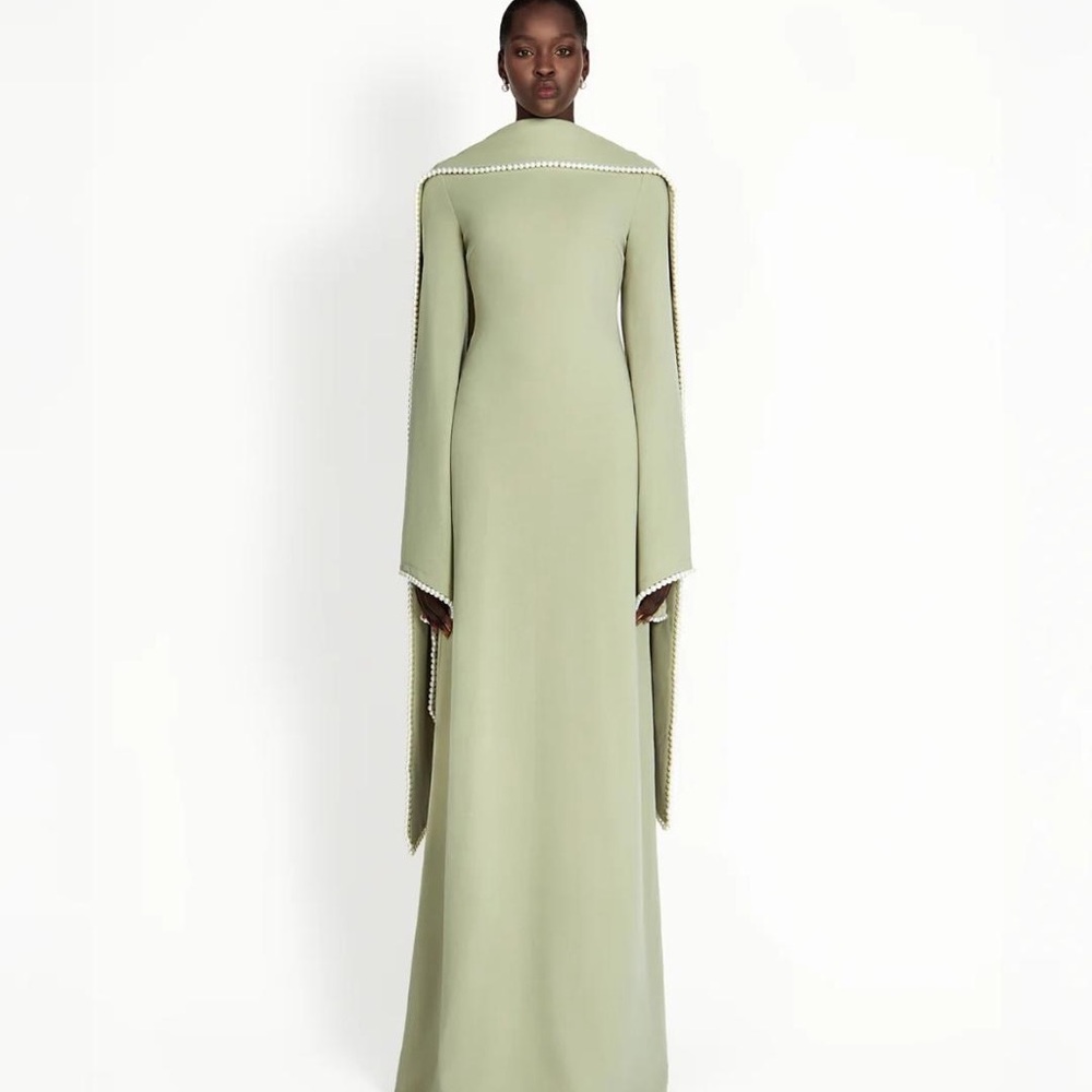Long-Sleeve Sage Green Maxi Dress with Draped Cape Sleeves